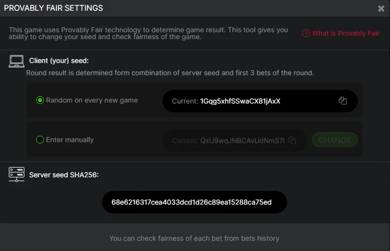 Панель Provably Fair Settings: клиентский сид (случайный или заданный вручную) и SHA256-хэш серверного сида